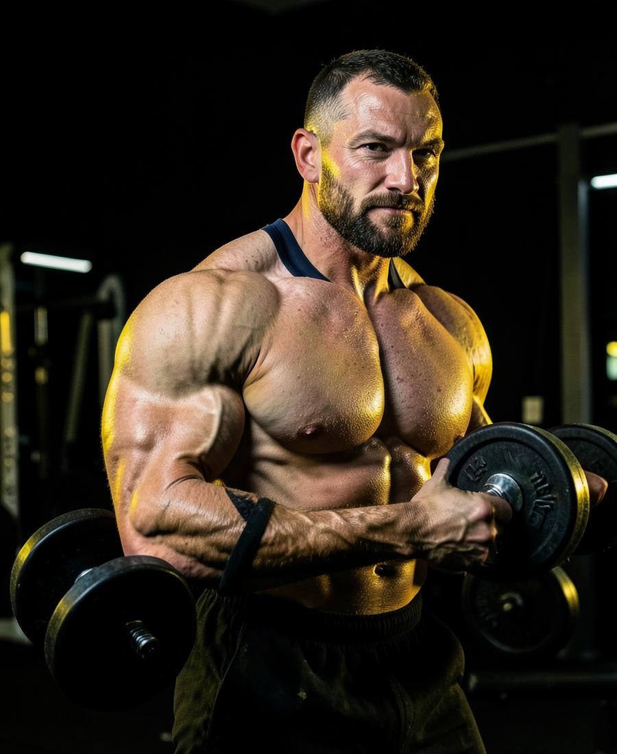 Athlete curling dumbbells